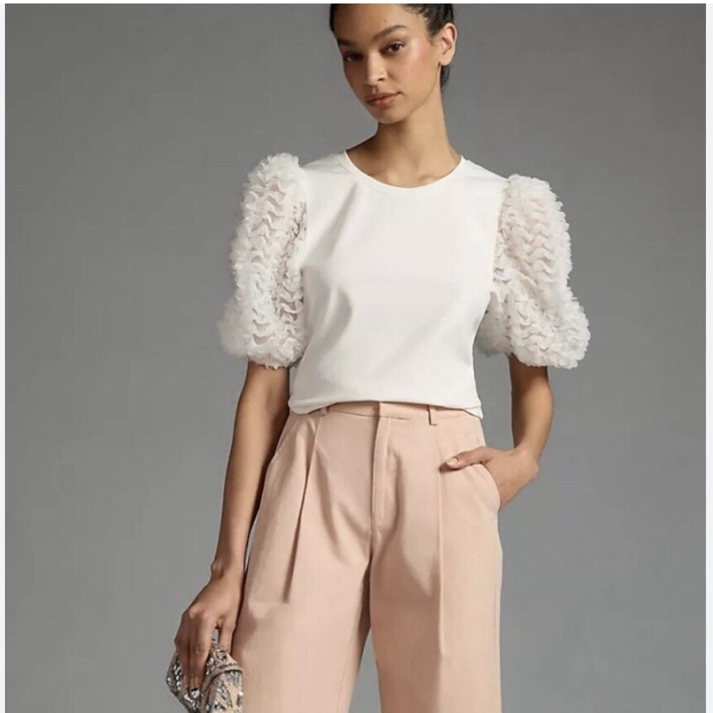 New Anthropologie Flat White Ruffle Balloon Sleeve Pullover Top Size Medium